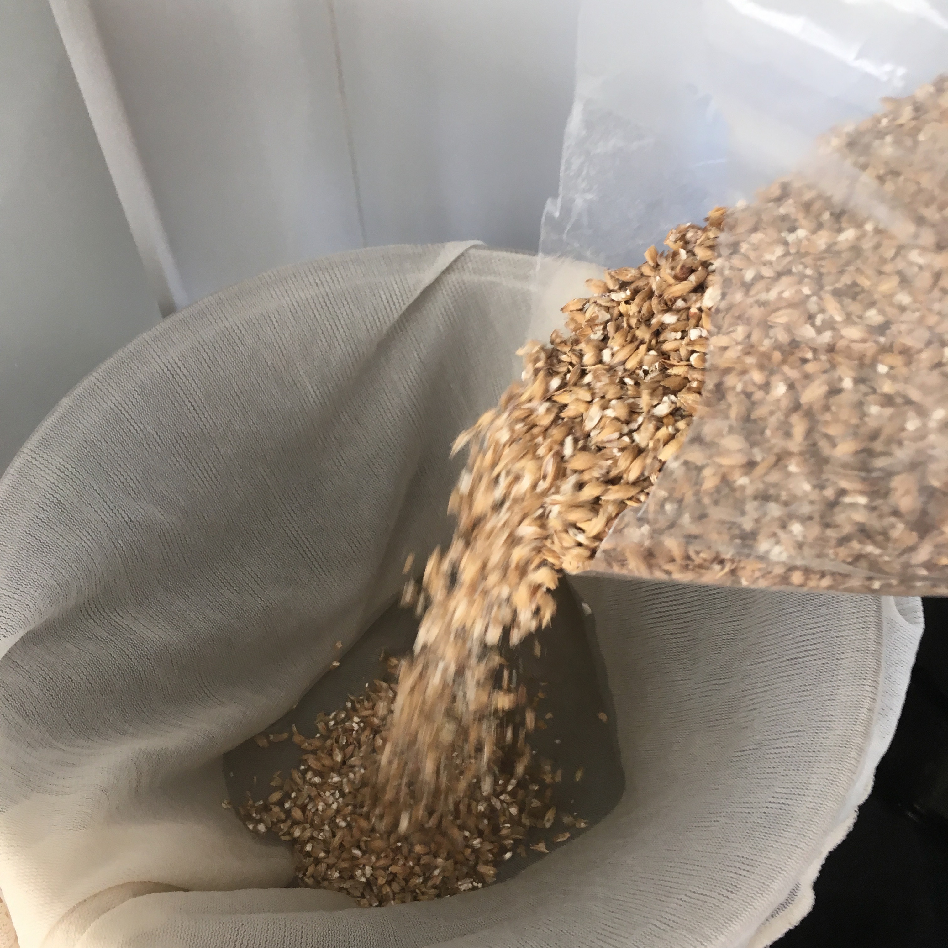 Put the grain bag in and slowly pour in the grain while stirring. If you don't pour slowly clumps will form that you have to break up.